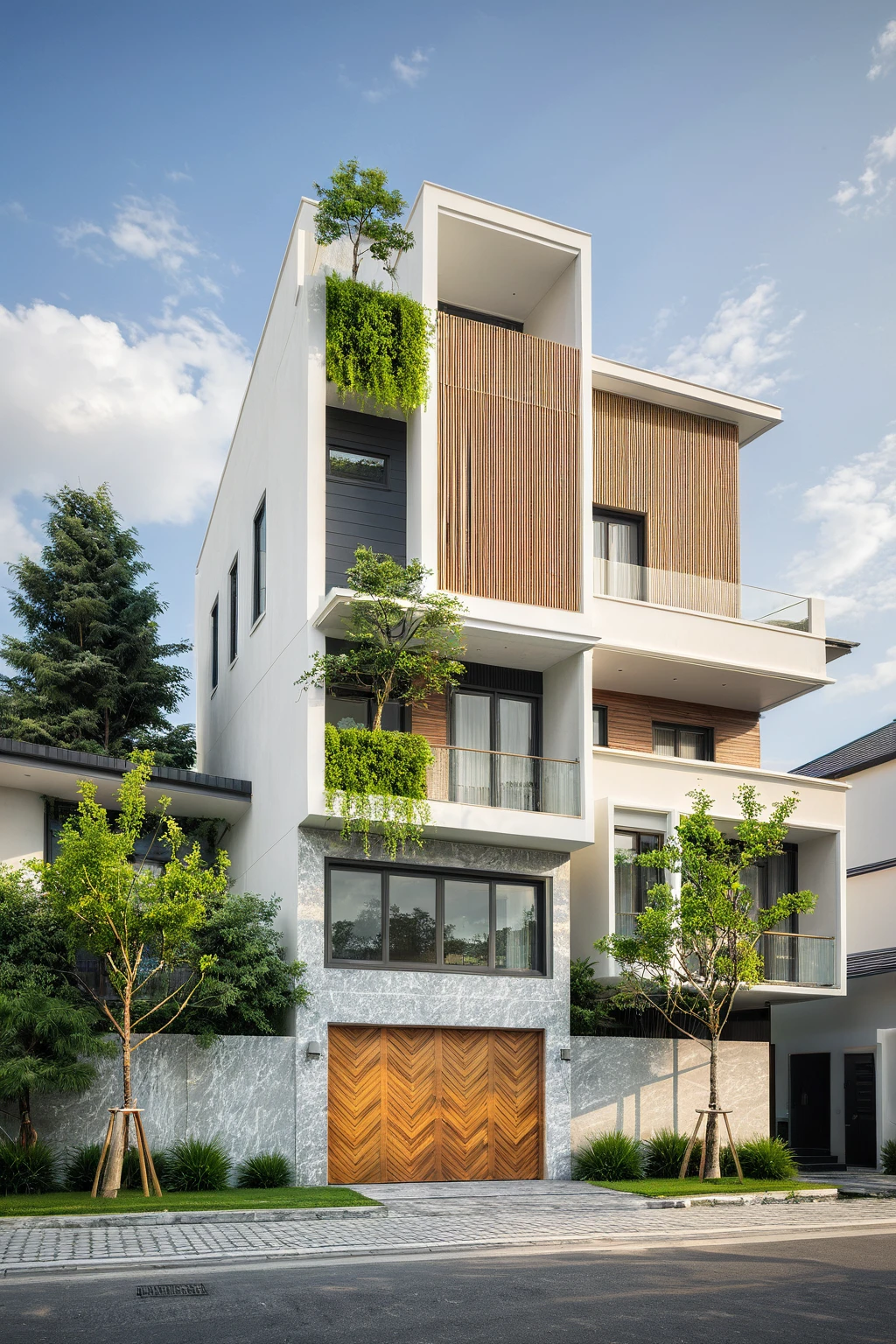 modern villa on street, (daylight), tropical tree, vivid colour, streetcapes, white tone, white wall, large glass door, warm interior lighting, wood and marble, best quality, 17ArchiAI_XL_VL-v1