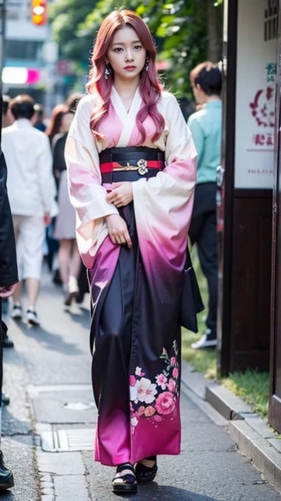 Cute Japanese woman, (16 years old), (very cute face), white moisturized skin, looking at the camera, melancholy expression,
BREAK,
Idol,
BREAK,
(wearing cute kimono: 1.3), (highly revealing kimono), very large earrings, short length,
BREAK,
(long hair), (pink hair: 1.4), (wavy hair), (gradient hair: 1.3), (red hair at the end),
BREAK,
(realistic: 1.3), masterpiece, perfect lighting, (ultra-high resolution), (8K), (highly detailed: 1.4), (from the front), (full body: 1.4), (symmetrical: 1.2), (one shot),
BREAK,
(Shibuya city in Japan: 1.2),
BREAK,
(Demon Slayer: 1.4),
BREAK,