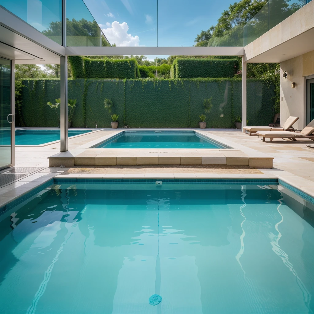 ((high quality))Perfect wallpaper,Beautiful pool,clear cyan water,very clear blue and cyan water,very clear water,big swimming pool,glass pool floor,sky high pool,transparent water,Glass floor