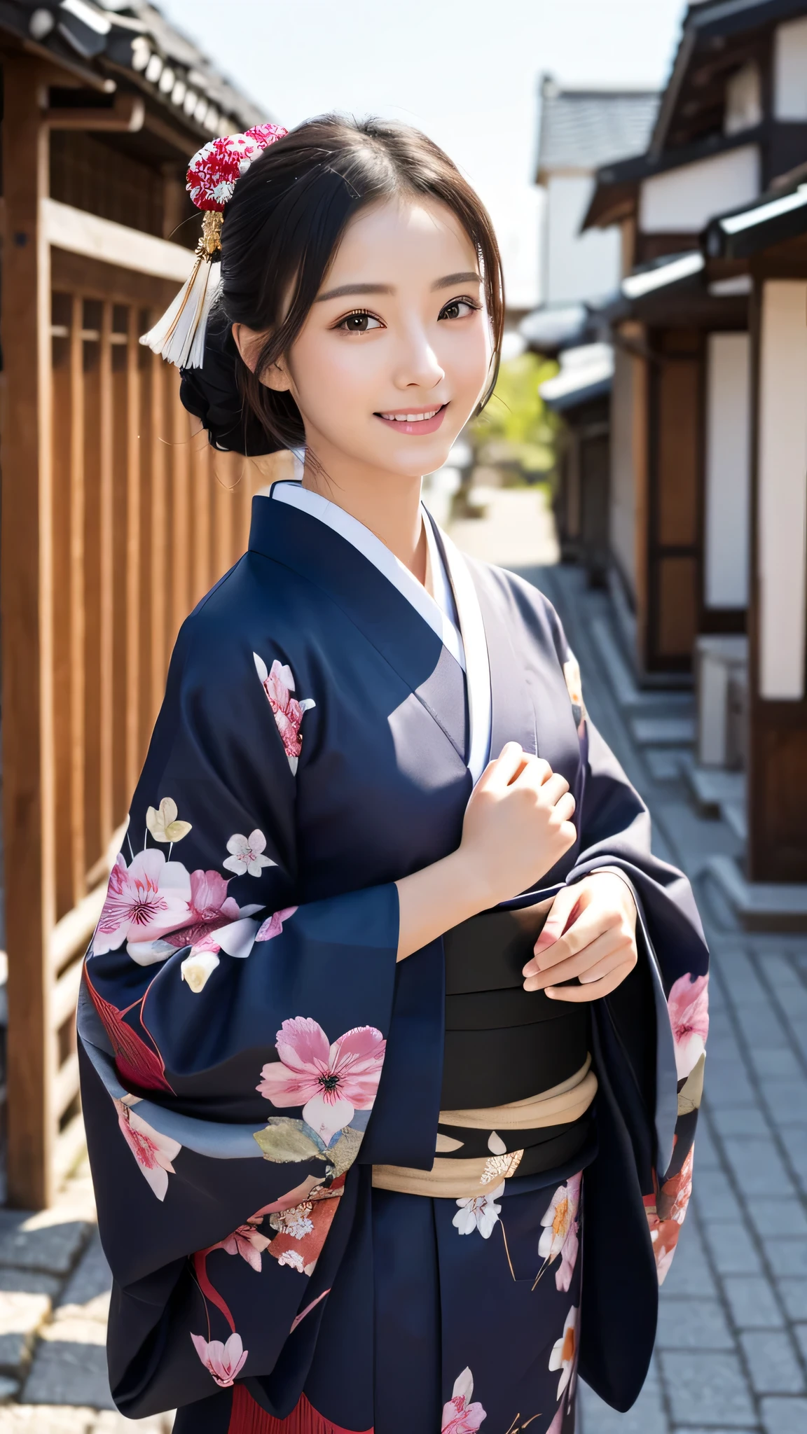 (Super beautiful woman in kimono)、((highest quality、8K masterpiece:1.3))、sharp focus:1.2、(super beautiful face:1.0)、(shiny skin:1.0)、realistic pictures、black hair、video lighting、High resolution eyes and face、video lighting、japanese actress、from the front、with a happy smile、whole body、wearing a kimono、in Kyoto、(luxury obi)、with a fan