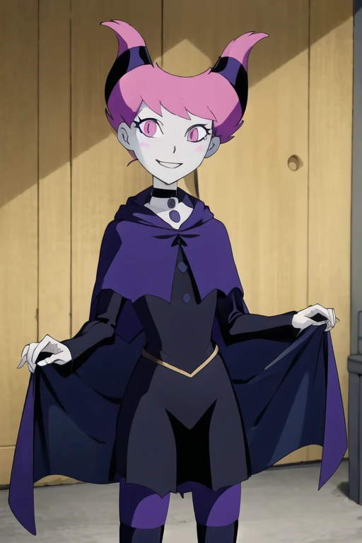 ((masterpiece,best quality)), absurdres, Jinx_TeenTitans,   1girl, solo, pink eyes, pink hair, grey skin, hair up, pale skin, medium hair, hair horns, choker, striped pantyhose, capel, cloak, cape, black dress, jewelry,  solo, smiling, looking at viewer, cowboy shot,