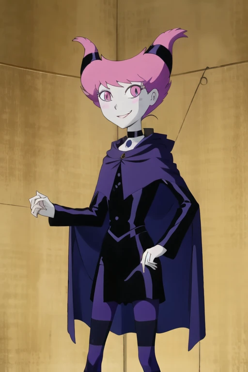 ((masterpiece,best quality)), absurdres, Jinx_Titans, 1girl, solo, pink eyes, pink hair, grey skin, hair up, pale skin, medium hair, hair horns, choker, striped pantyhose, capel, cloak, cape, black dress, jewelry, solo, smiling, looking at viewer, cowboy shot,