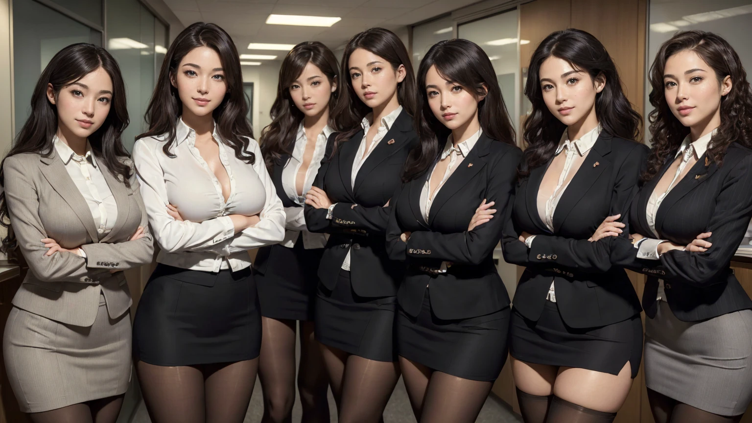 (best quality, masterpiece:1.5), (ultra-detailed, realistic:1.37),4K,(5woman:1.5),(smile:1.1),(group photo),japanese,cute,beautiful,curly hair,(big breast),(office suits),skirt,(black pantyhose),beauty legs,(sexy pose:1.1),(crossed arms:1.2),