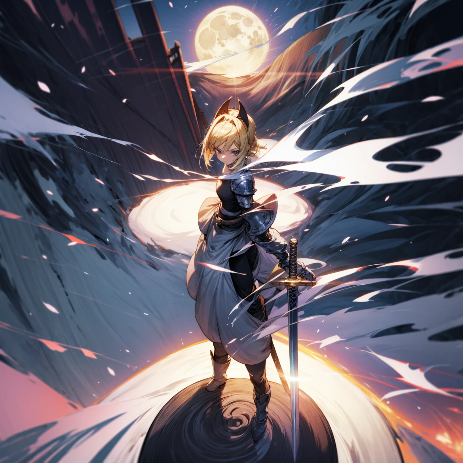1girl, Full body version, 1character, black eyes, long Frizzy haircut, blonde colour hair, soldier knight clothing, long pants, headband, armors, boots, Grassroots, full background in field, motion blur, lighting, (one piece art), standing poses, sword in hand, lighting effect on sword, lighting blue on sword, fire effect, plasma effect, smoke effect moon, Moonlight, high angle view 