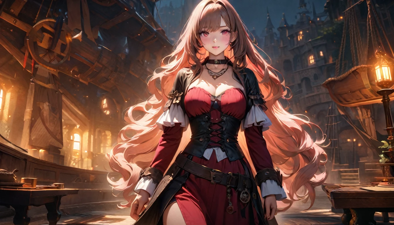 masterpiece, Best quality, 1 girl,photo, Studio photography, realistic:1.2, Littlemasterpiece, Best quality, very detailed, a high resolution, a high resolution, a high resolution, 4K, 8 K, unity 8k wallpaper, very detailed CG, masterpiece, realistic, beautiful details, depth, fine texture, Best quality: 1.3, aboutбщая концентрация, perfect skin, Him, aboutчень милое аниме, female pirate, Pirate Costume, Pirate Ship, whole body, Mole under the eye, look, high, blush, lips parted, his art, Pink eyes, necklace、Wide buttocks、Эффект Тиндаллаmasuter piece、top quality、Highest standards、Highest image quality、Table、complex parts、a high resolution、depth of field、natural soft light、professional lighting、about, standing, very long hair, cowboy shot, brilliant, brilliant hair, (night:1.2),Dreamy, [[gentle fingers and hands:0.55]::0.85],(detailed fingers),),(emotional),(breathtaking),(main part:1.2) whole body.), (Anime Style), (Super Detailed), (brutal), (uhd, HDR), (8k), (High Resolution: 1.2), (Complex and Beautiful: 1.2)