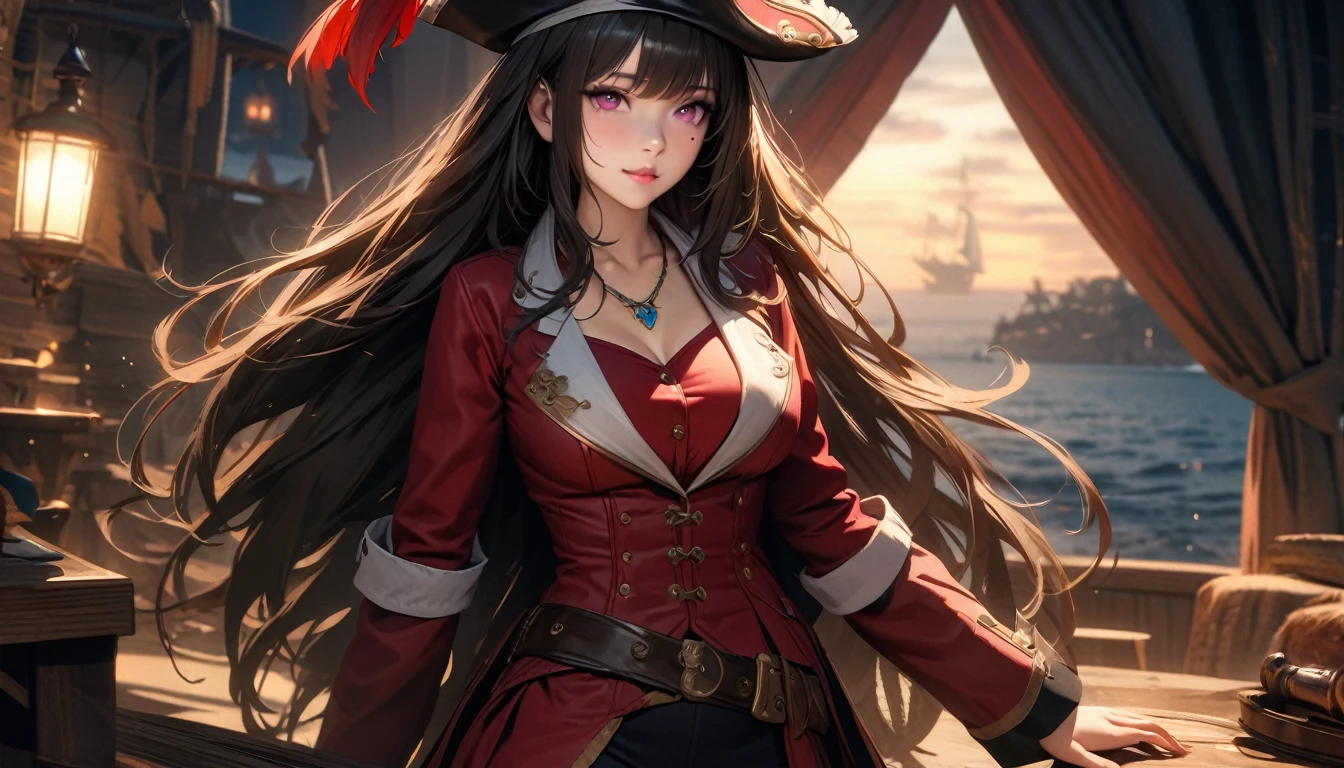 masterpiece, Best quality, 1 girl,photo, Studio photography, realistic:1.2, Littlemasterpiece, Best quality, very detailed, a high resolution, a high resolution, a high resolution, 4K, 8 K, unity 8k wallpaper, very detailed CG, masterpiece, realistic, beautiful details, depth, fine texture, Best quality: 1.3, aboutбщая концентрация, perfect skin, Him, aboutчень милое аниме, female pirate, Pirate Costume, Pirate Ship, whole body, Mole under the eye, look, high, blush, lips parted, his art, Pink eyes, necklace、Wide buttocks、Эффект Тиндаллаmasuter piece、top quality、Highest standards、Highest image quality、Table、complex parts、a high resolution、depth of field、natural soft light、professional lighting、about, standing, very long hair, cowboy shot, brilliant, brilliant hair, (night:1.2),Dreamy, [[gentle fingers and hands:0.55]::0.85],(detailed fingers),),(emotional),(breathtaking),(main part:1.2) whole body.), (Anime Style), (Super Detailed), (brutal), (uhd, HDR), (8k), (High Resolution: 1.2), (Complex and Beautiful: 1.2)