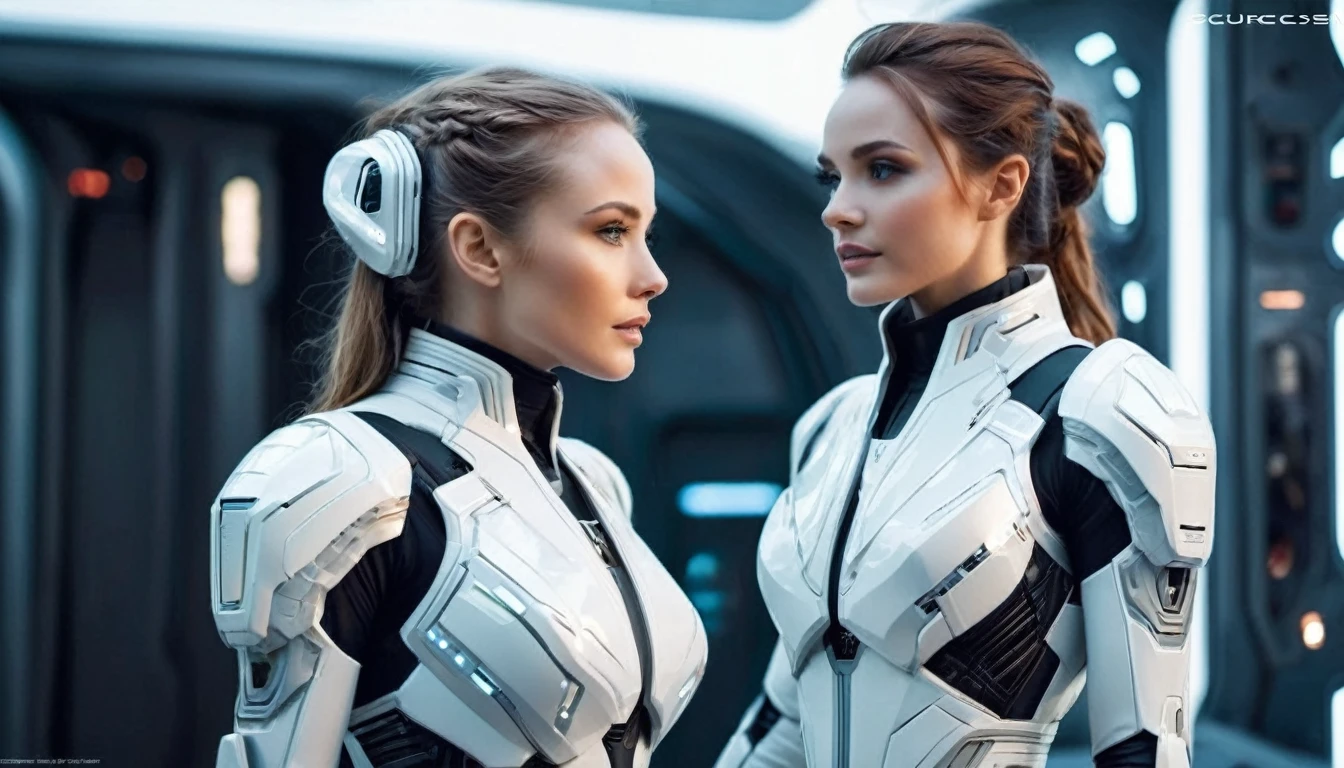 a man and woman in white outfits standing in front of a planet, romance fantasy movie, wearing futuristic clothing, science fiction style, beautiful sci - fi twins, science fiction fantasy, wearing futuristic white suit, in white futuristic armor, valerian, textless, futuristic utopian fantasy, fantasy sci - fi, futuristic and ethereal, fantasy science fiction