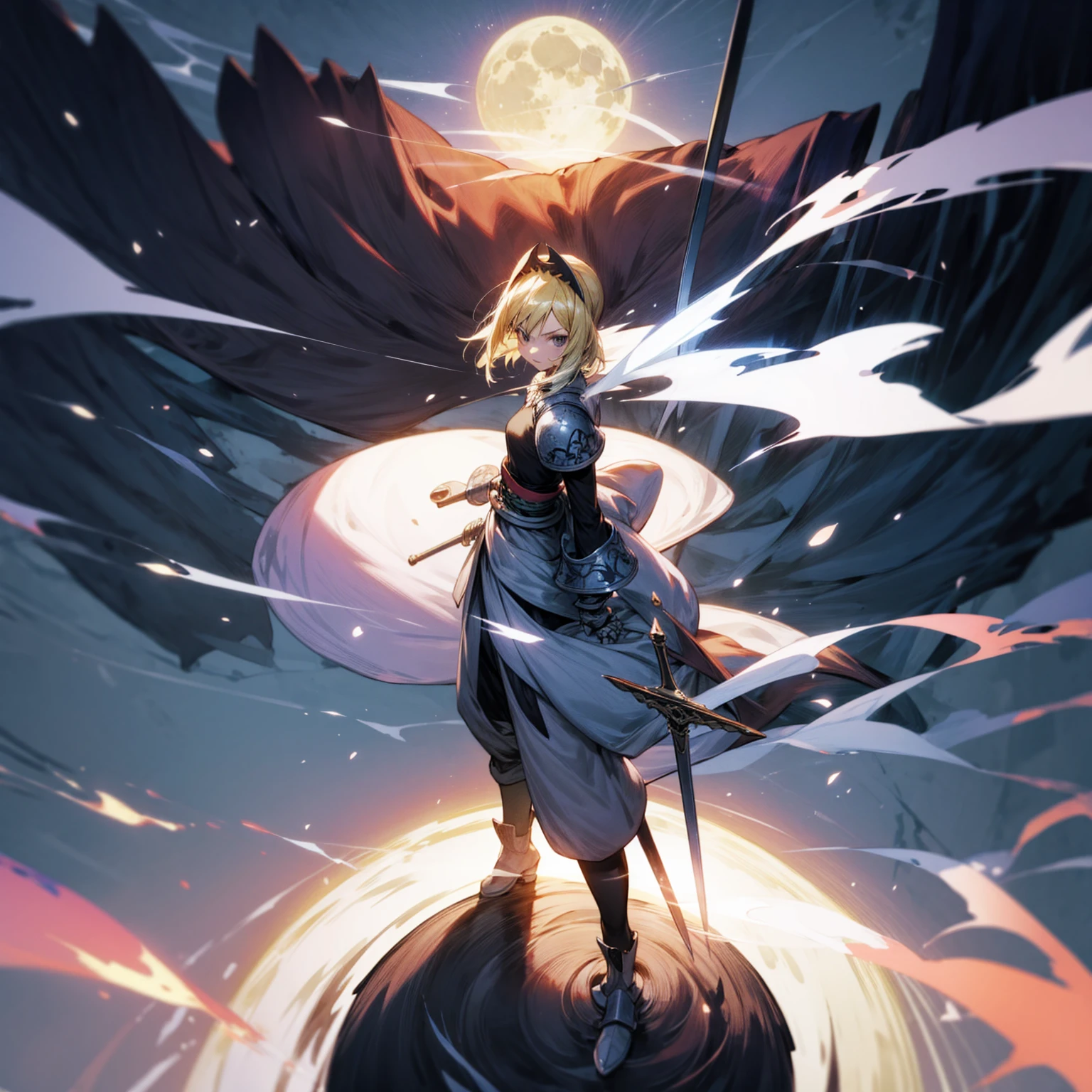 1girl, Full body version, 1character, black eyes, long Frizzy haircut, blonde colour hair, soldier knight clothing, long pants, headband, armors, boots, Grassroots, full background in field, motion blur, lighting, (one piece art), standing poses, sword in hand, lighting effect on sword, lighting blue on sword, fire effect, plasma effect, smoke effect moon, Moonlight, high angle view 