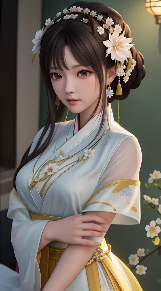 Alabi Asian woman wearing white dress,There is a flower in the hair, Palace , A girl in Hanfu, 8K high quality detailed art, Beautiful rendering of the Tang Dynasty, Guvitz风格的艺术品, trending on cgstation, Smooth anime CG art, White Hanfu, Realistic anime girl rendering, Guvitz, Inspired by Lan Ying
