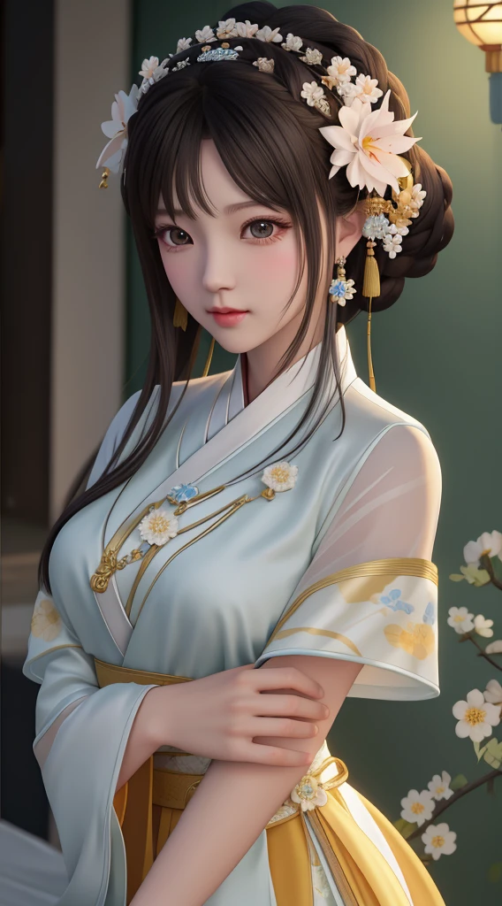 Alabi Asian woman wearing white dress，There is a flower in the hair, Palace ， A girl in Hanfu, 8K high quality detailed art, Beautiful rendering of the Tang Dynasty, Guvitz风格的艺术品, trending on cgstation, Smooth anime CG art, White Hanfu, Realistic anime girl rendering, Guvitz, Inspired by Lan Ying