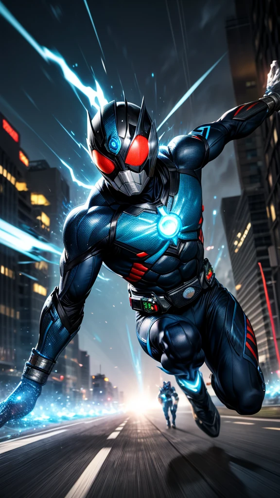 (masterpiece, Best image quality),One boy, Kamen Rider, A hero based on white and blue, (Dynamic pose | Element Surround:1.2), Super detailed, Big city background, intense, shock wave, Outdoor, Speedster, Running at high speed