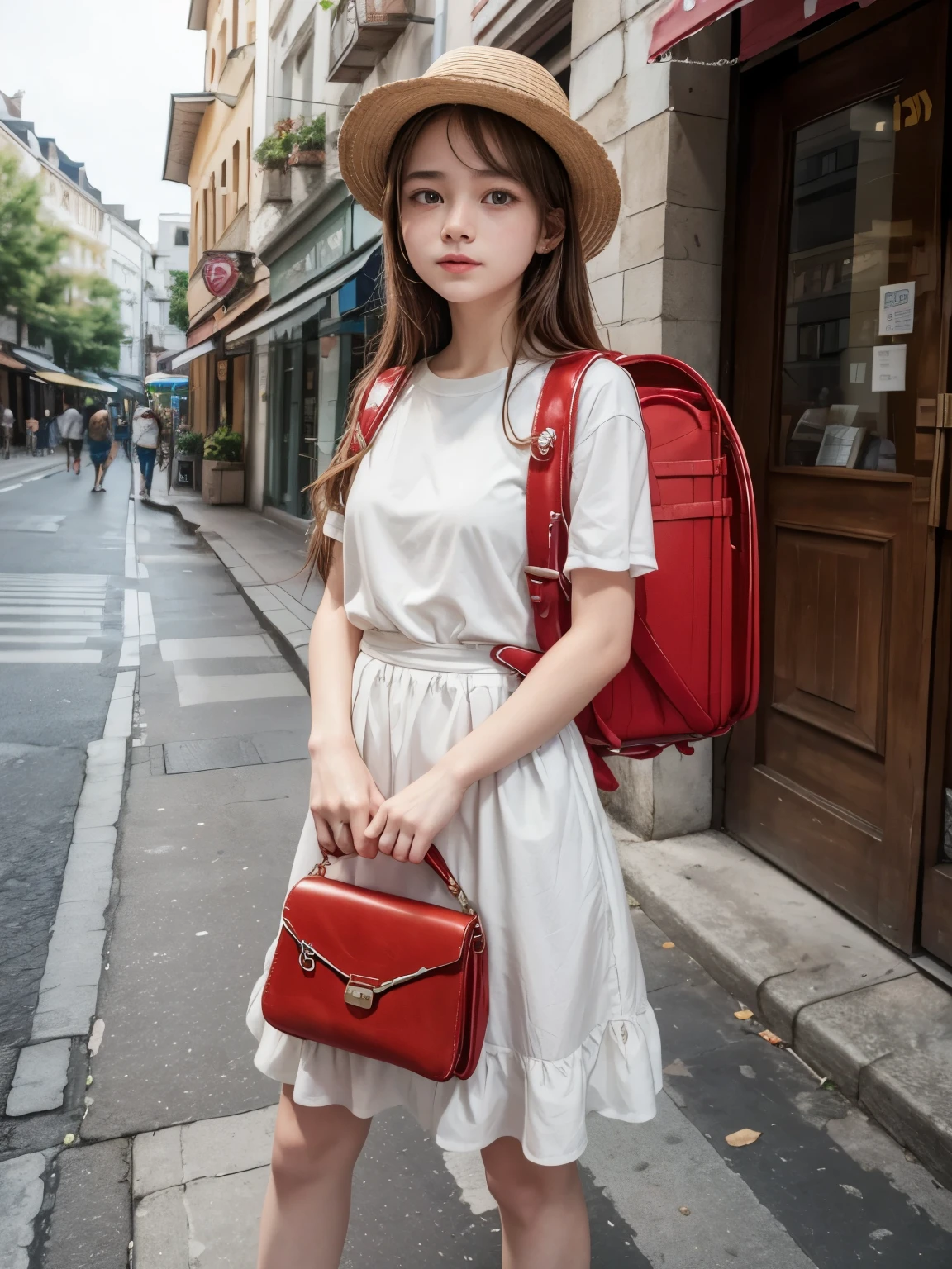 Masterpiece, hd, best quality, 18 y.o, teenager girl, 1girl, European girl, brown hair, medium hair, wear white dress, wearing summer hat, standing, outdoor, streets, holding red purses, wearing red backpack, (backpack:1.2)