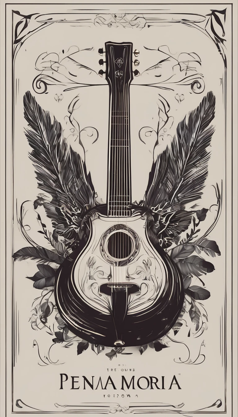 A minimal, modern, simple, cinematic logotype for the brand “Penamemoria". The logotype must be a simple, magical feather and a boy with an acoustic guitar. The logo must convey a sense of music, stories, dreams and a creative companionship between the feather and the boy. Logo design impressed on a book cover. Minimalistic logo