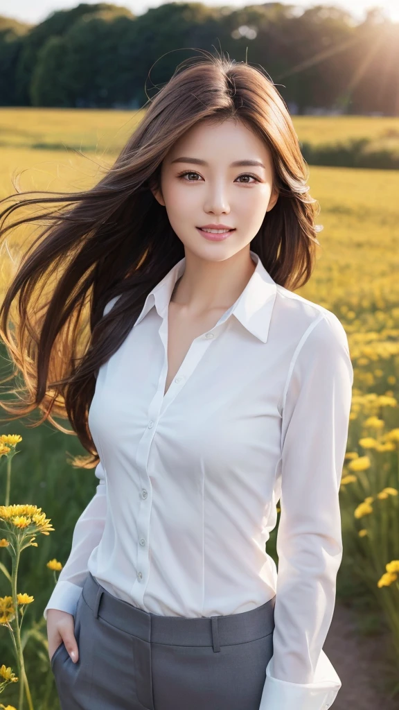 highest quality、genuine、Super detailed、finely、High resolution、8k wallpaper、one beautiful woman、、、light brown disheveled hair、wearing a business suit、sharp focus、perfect dynamic composition、beautiful and detailed eyes、thin hair、Detailed genuine skin texture、smile、model body shape、In a windswept meadow