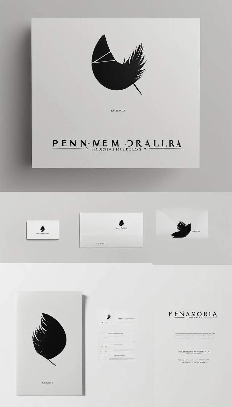 A minimal, modern, simple, cinematic logo design for the brand “Penamemoria". Create a modern, minimalistic, high-quality, logo of a boy-feather