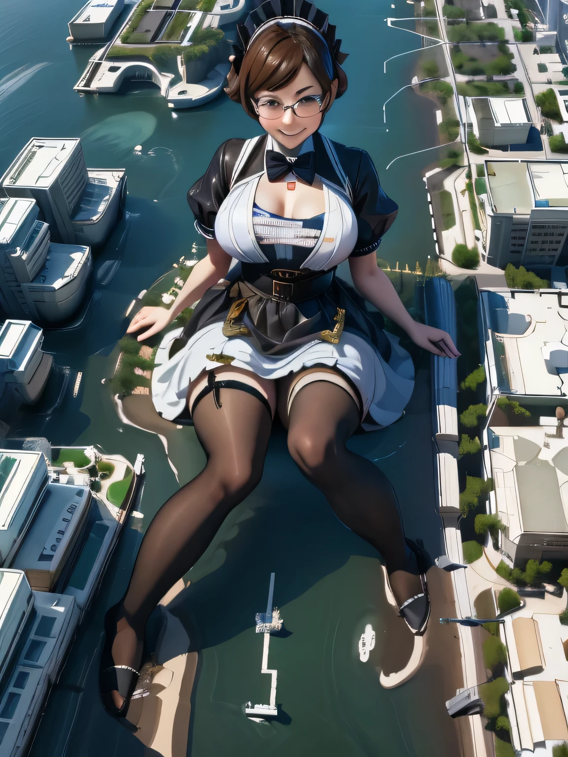 Multiple girls, giantess art, highly detailed giantess shot, giantess, most detailed, perfect face, two legs, five fingers, short hair, beautiful girl bigger than a skyscraper, wearing rimless glasses, smiling, huge breasts, maid outfit, black pantyhose, no shoes, toes visible through pantyhose, steam coming out of soles of feet, seaside metropolis, numerous miniature warships on the sea, destroying city, under heavy attack, very small metropolis, miniature metropolis, full body depiction, GTS, giga giant, trampling city, crashed city, small city, micro city, pantyhose feet, high resolution, best quality, masterpiece,