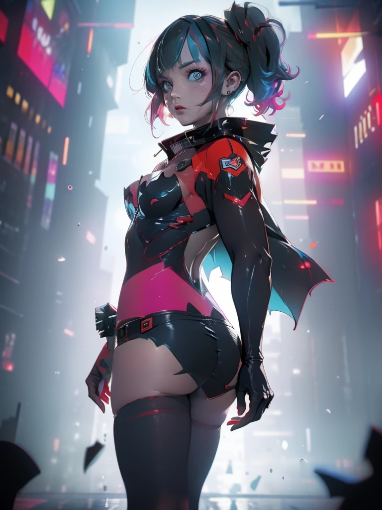 Full shot, Harley Quinn wearing the Batsuit in the heavy rain. on the streets of ghotam city in a neo city style. serious expression. walking. batman suit, batman cape flying through the air behind her. accessories related to batman and harley. overnight. detailed. detailed face. professional illustration. dark colors.  Anime style. Anime.