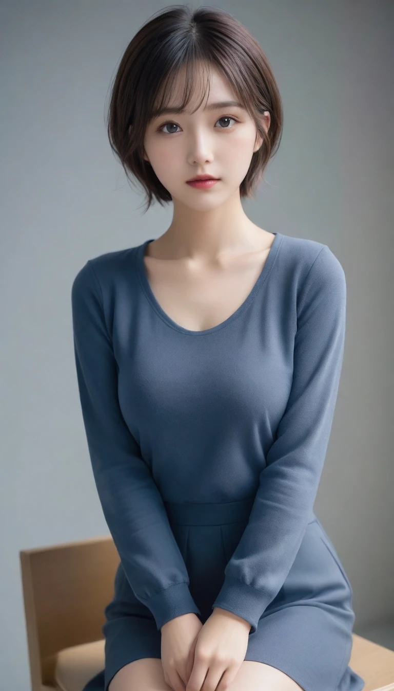 8k, Ultra-high resolution, Highest quality, masterpiece, 三分割法によるphotograph,Surreal, photograph, 1 Girl, (:1.3), pretty girl, Cute Face, Beautiful eyes in every detail, 細かくdetailedに,masterpiece,One Girl:1.2, Japan Female Announcer,full body,sad,streaming tears,Black short hair,Messy bun hair,(black suit:1.3),Nun's clothing,Black Pencil Skirt,(印象派の美しい少女のPortraiture), (Gray background:1.3),(Impressionist light and colour),Dedication to God,Sitting on a chair,Beautiful leg line beauty,Stiletto pumps,Realistic Skin, Perfect and beautiful face ,完璧でCute Face, Skin with attention to detail, Perfect limbs、Narrow waist,Looking at the audience、beauty,Long neck,clavicle,(((Ideal body type))),A cup small breasts :2,Portraiture:2,Perfect Anatomy,鮮明なdetailed,detailed,Surreal,Light and shadow,spotlight