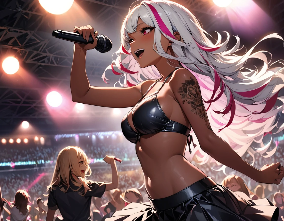 (highest quality:1.2, Very detailed, up to date, Vibrant, Ultra-high resolution, High Contrast, masterpiece:1.2, highest quality, Best aesthetics), Portraiture、girl、singer、stage、performance、Rock Music、Bright colors、Beautiful fine details、Beautiful lip detail、midium wave hair、red and white ((streaked hair:1.6)), highlights hair: 1.5, red eyes, slim body, middium breast, (tan skin:1.1), Music band、Cheerful pose、Concert Light、Edgy Style、Skirt-style-bikini、loose fit, Dynamic Movement、hypnotic sounds、Stadium、amplifier、Loud music、shouting into the microphone, vocal, jumping:1, left hand up, (right hand holding mike stand:1.5), (Floral Fineline tattoo design on left arm:1), ((mike stand)), Powerful vocals、Passionate performance、Sparkling stage、Concert atmosphere、Music Festival、Full of emotion、Rock star attitude、Resolute expression、Avid Fan、The presence of an attractive stage、 Expressive gestures、Rock star aura、An exciting atmosphere、Sing with all your heart、An unforgettable show, side view