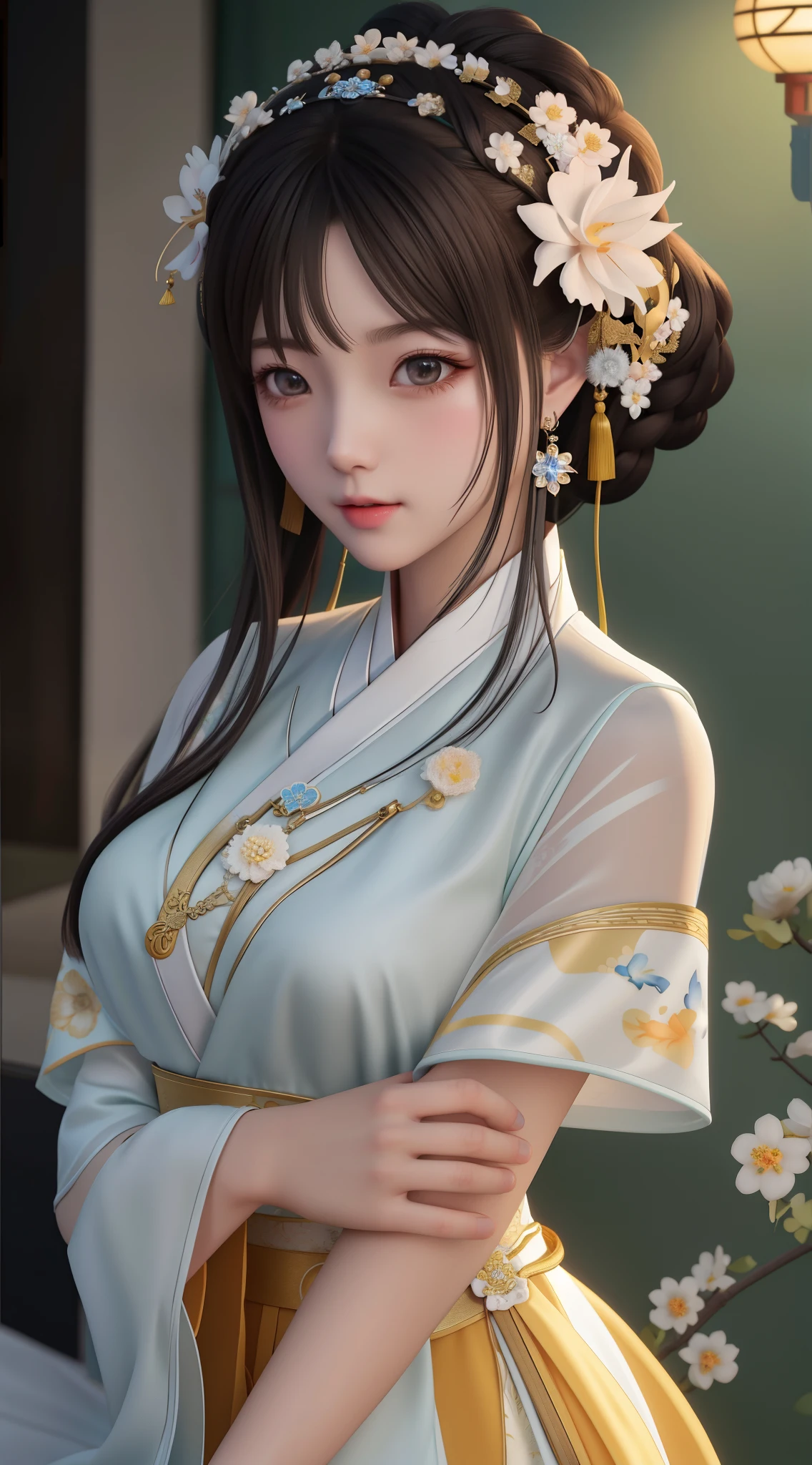 Alabi Asian woman wearing white dress,There is a flower in the hair, Palace , A girl in Hanfu, 8K high quality detailed art, Beautiful rendering of the Tang Dynasty, Guvitz风格的艺术品, trending on cgstation, Smooth anime CG art, White Hanfu, Realistic anime girl rendering, Guvitz, Inspired by Lan Ying