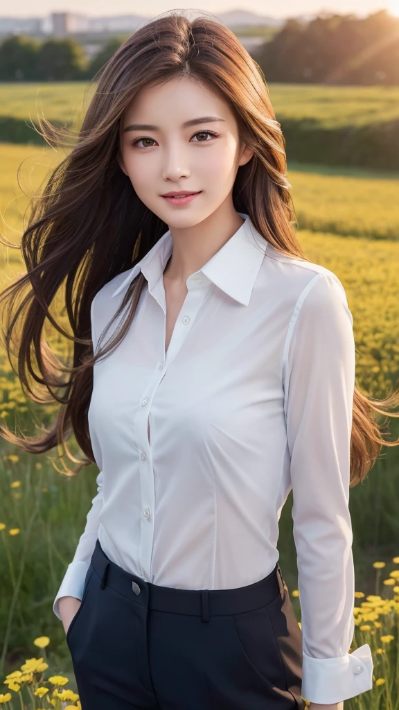 highest quality、genuine、Super detailed、finely、High resolution、8k wallpaper、one beautiful woman、、、light brown disheveled hair、wearing a business suit、sharp focus、perfect dynamic composition、beautiful and detailed eyes、thin hair、Detailed genuine skin texture、smile、model body shape、In a windswept meadow