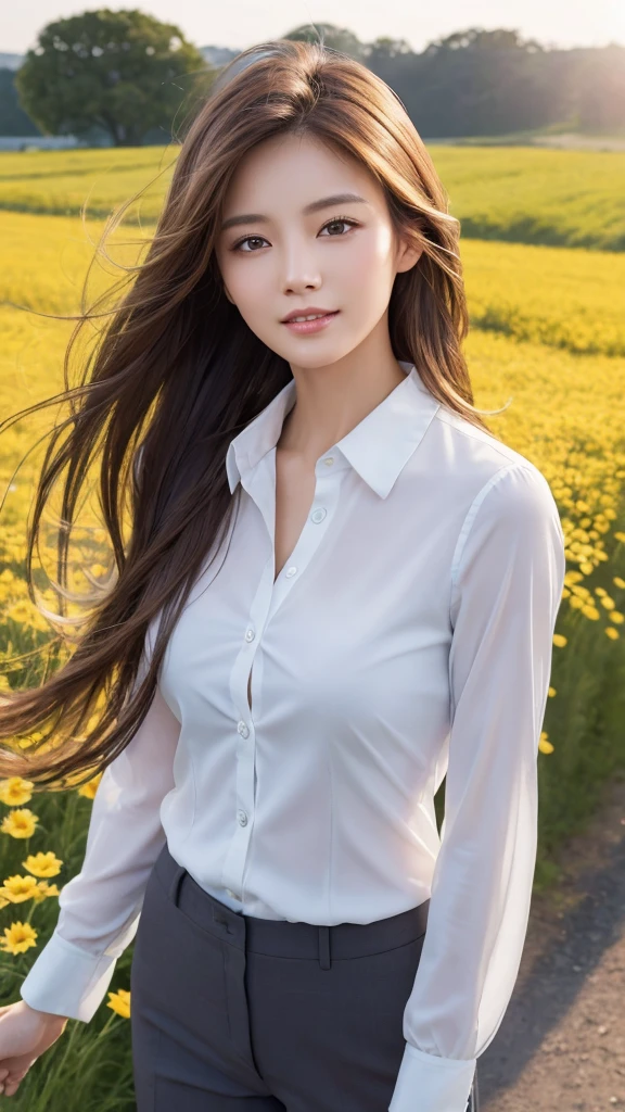highest quality、genuine、Super detailed、finely、High resolution、8k wallpaper、one beautiful woman、、、light brown disheveled hair、wearing a business suit、sharp focus、perfect dynamic composition、beautiful and detailed eyes、thin hair、Detailed genuine skin texture、smile、model body shape、In a windswept meadow