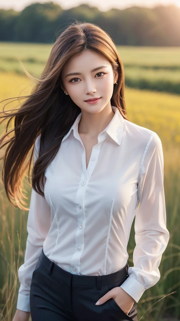 highest quality、genuine、Super detailed、finely、High resolution、8k wallpaper、one beautiful woman、、、light brown disheveled hair、wearing a business suit、sharp focus、perfect dynamic composition、beautiful and detailed eyes、thin hair、Detailed genuine skin texture、smile、model body shape、In a windswept meadow