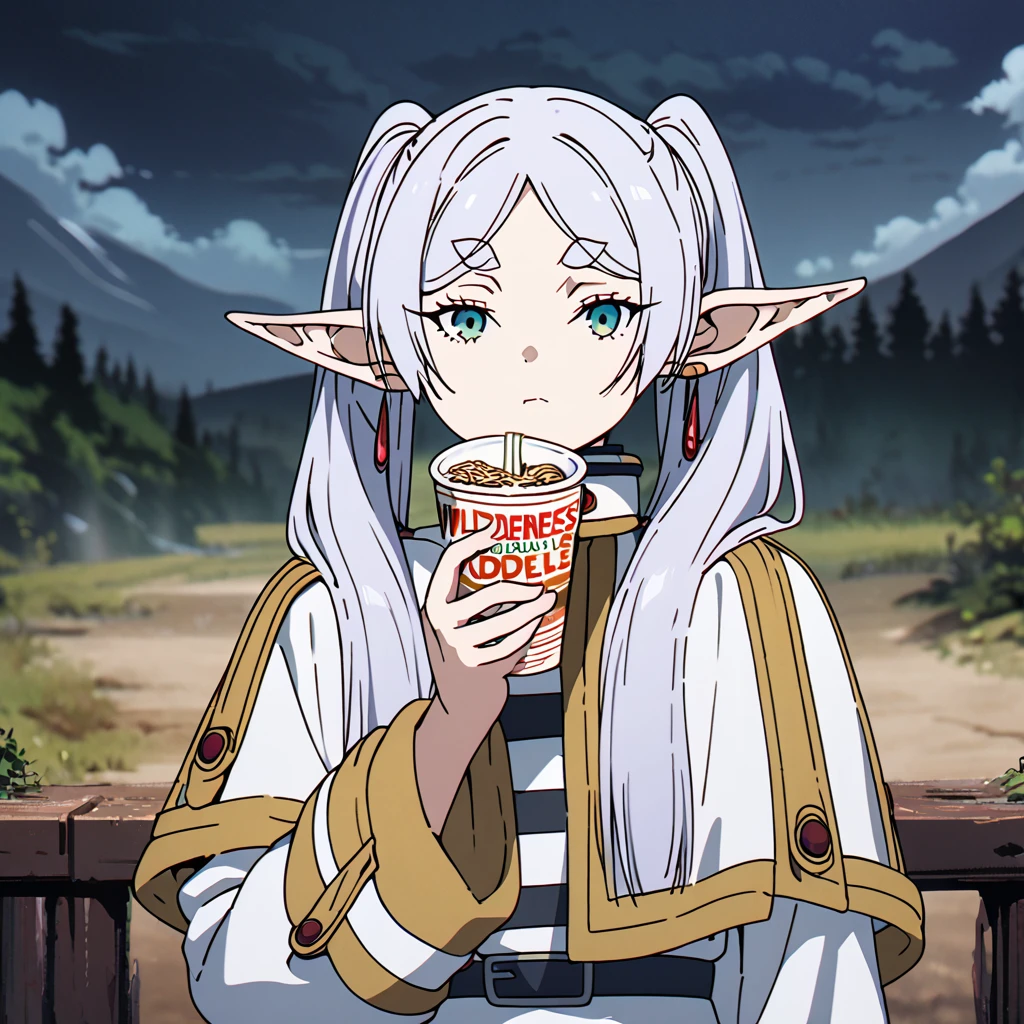 masterpiece, best quality, 4k、2D illustration, one beautiful girl, solo, frieren, pointy ears, elf, earrings, twintails, parted bangs, grey hair, thick eyebrows、((Serious Situations))、((serious face))、speaking something, ((long beautiful hair)), , standing, beautifully detailed eyes、((looking at viewer)), ((1 box of Cup Noodles in her hand)), ((sousou_no_frieren))、((close up shot))、((wilderness background))、((night))、((cloudy sky))、 