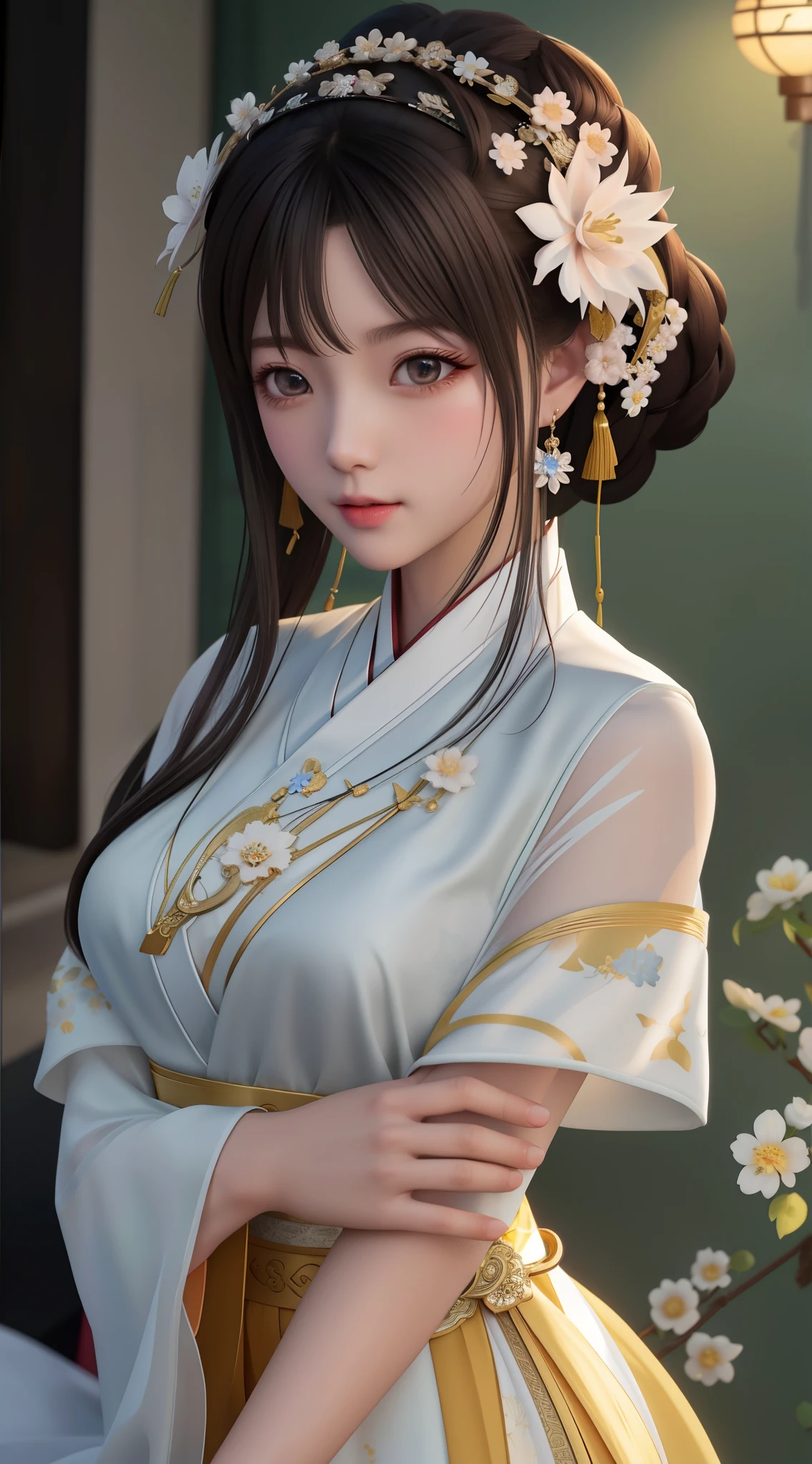 Alabi Asian woman wearing white dress,There is a flower in the hair, Palace , A girl in Hanfu, 8K high quality detailed art, Beautiful rendering of the Tang Dynasty, Guvitz风格的艺术品, trending on cgstation, Smooth anime CG art, White Hanfu, Realistic anime girl rendering, Guvitz, Inspired by Lan Ying