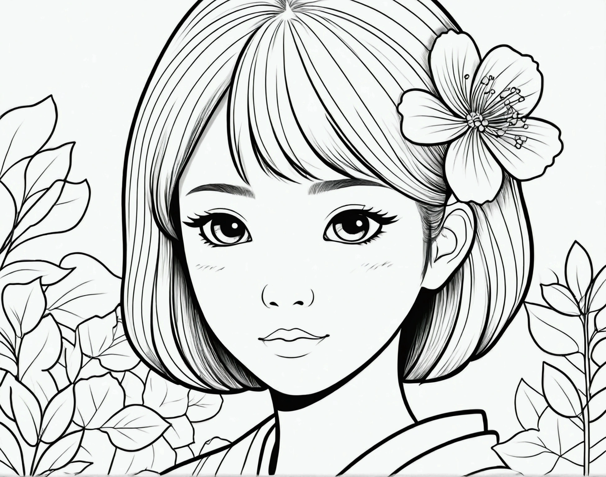 ,simple background, Japanese girl , kawaii, vibrant colors, A printable black and white coloring page featuring nature, clean line art, The line is quite simplified.