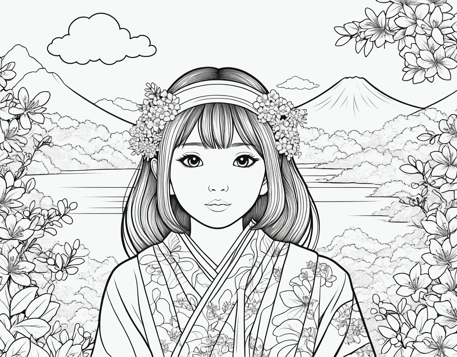 ,simple background, Japanese girl , kawaii, vibrant colors, A printable black and white coloring page featuring nature, clean line art, The line is quite simplified.