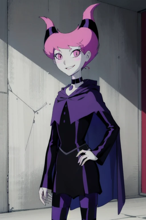 ((masterpiece,best quality)), absurdres, Jinx_TeenTitans,   1girl, solo, pink eyes, pink hair, grey skin, hair up, pale skin, medium hair, hair horns, choker, striped pantyhose, capel, cloak, cape, black dress, jewelry,  solo, smiling, looking at viewer, cowboy shot,