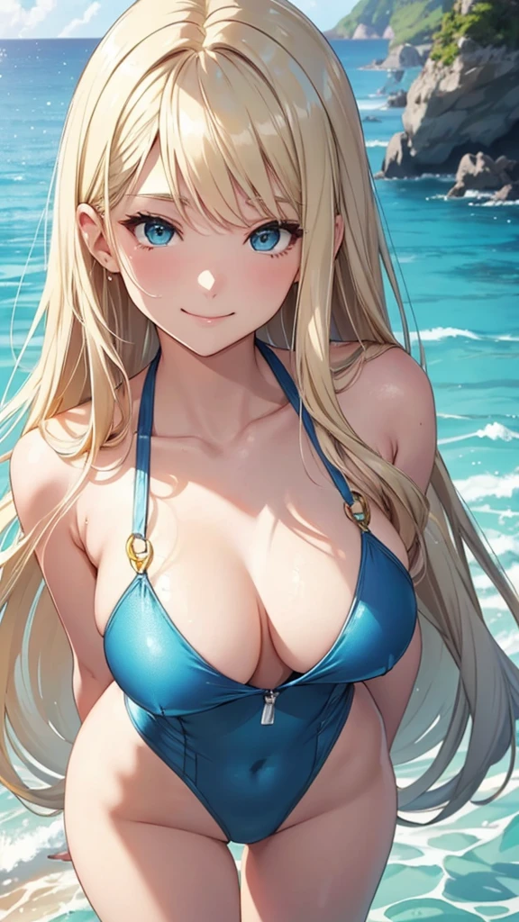 Gal、Ocean、Wearing a swimsuit、Her hair is blonde and silver、Face smiling happily、Around 25 years old、Anime style illustration long hair, 