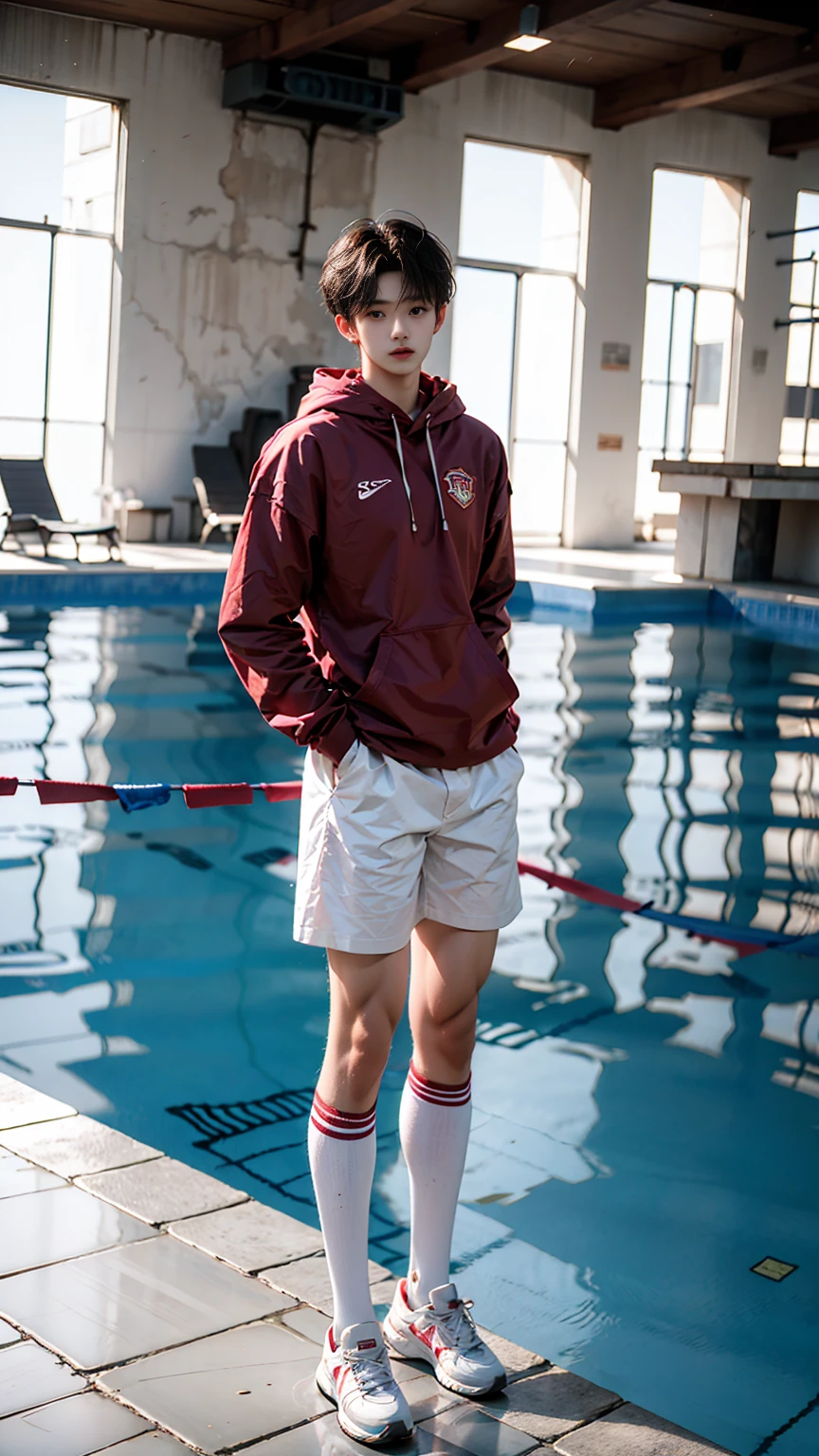 masterpiece,best quality, (An 18-year-old boy with extraordinary development:1.2), (A tall and muscular giant body),(Sitting upright by the pool),(Super tall body:2),Extraordinary physical development,full body,Look up at the characters,Stay away from the camera,White tights,(Broad and straight shoulders),Muscular shoulders,(Extremely strong body),Muscular body,Fitness,Perfect body proportions,Inverted triangle figure,Biceps,Highlight muscle texture, Muscular body,Slender and toned legs,Small head,small face,Handsome and cute face,Perfectly detailed facial features,Looking at the camera,A serious and angry expression,leaning back,head tilt, happy, very short hair, brown hair,(looking at viewer:1.2),Vision