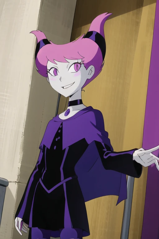 ((masterpiece,best quality)), absurdres, Jinx_TeenTitans, 1girl, solo, pink eyes, pink hair, grey skin, hair up, pale skin, medium hair, hair horns, choker, striped pantyhose, capel, purple cloak, purple cape, black dress, jewelry, solo, smiling, looking at viewer, cowboy shot,