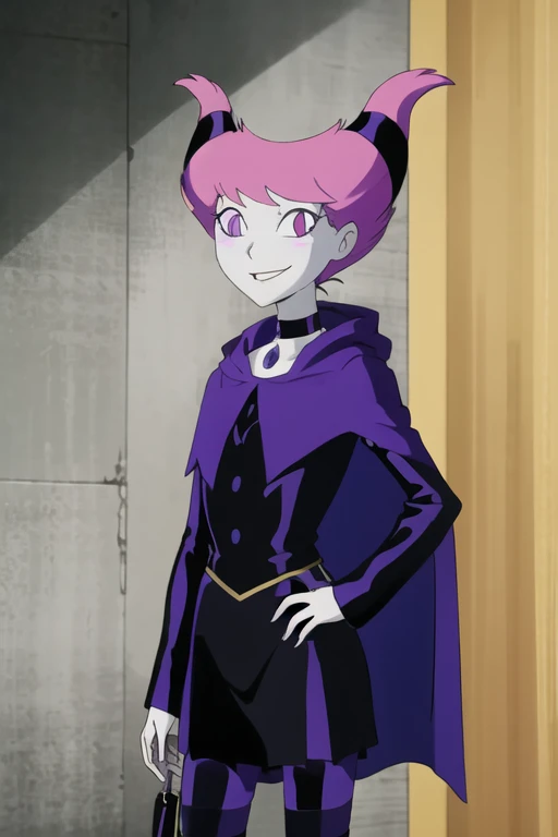 ((masterpiece,best quality)), absurdres, Jinx_TeenTitans, 1girl, solo, pink eyes, pink hair, grey skin, hair up, pale skin, medium hair, hair horns, choker, striped pantyhose, capel, purple cloak, purple cape, black dress, jewelry, solo, smiling, looking at viewer, cowboy shot,