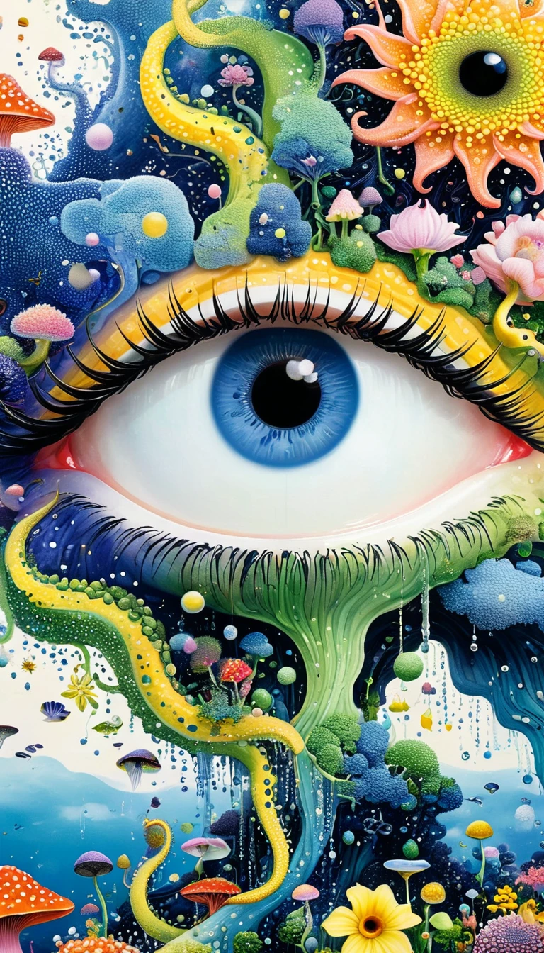 Strong visual fusion of multiple elements,Broto,来自Star的艺术家,house:1.37、Eyes-Flower Contact Lenses、Star、cloud、Spore powder、Ocean、rain、Tentacles,Describing the inner world of autistic people,密集Pointillism method。Smooth lines。interesting,Strange illustration。Pointillism method。Strong contrast。Award-winning works。