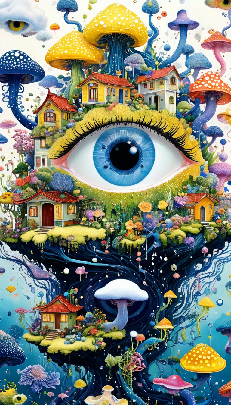 Strong visual fusion of multiple elements,Broto,来自Star的艺术家,house:1.37、Eyes-Flower Contact Lenses、Star、cloud、Spore powder、Ocean、rain、Tentacles,Describing the inner world of autistic people,密集Pointillism method。Smooth lines。interesting,Strange illustration。Pointillism method。Strong contrast。Award-winning works。