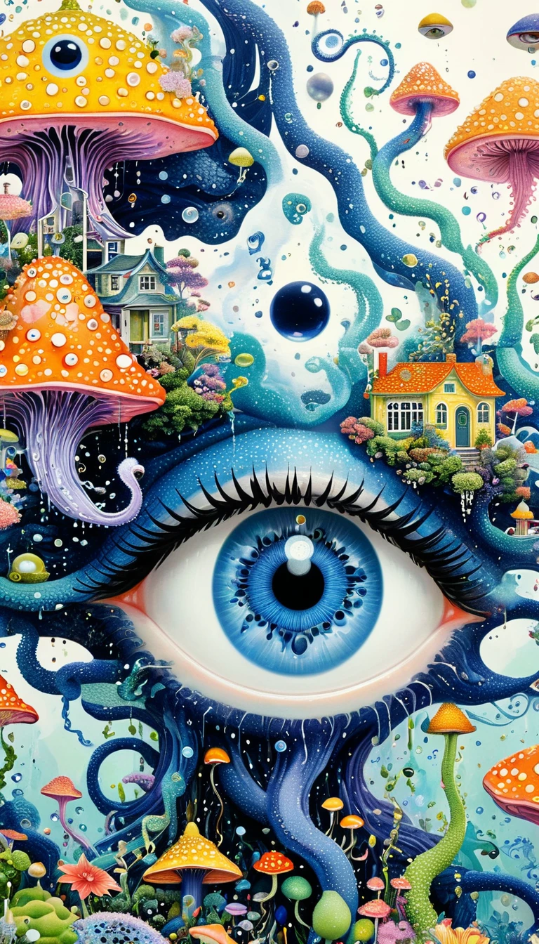 Strong visual fusion of multiple elements,Broto,来自Star的艺术家,house:1.37、Eyes-Flower Contact Lenses、Star、cloud、Spore powder、Ocean、rain、Tentacles,Describing the inner world of autistic people,密集Pointillism method。Smooth lines。interesting,Strange illustration。Pointillism method。Strong contrast。Award-winning works。