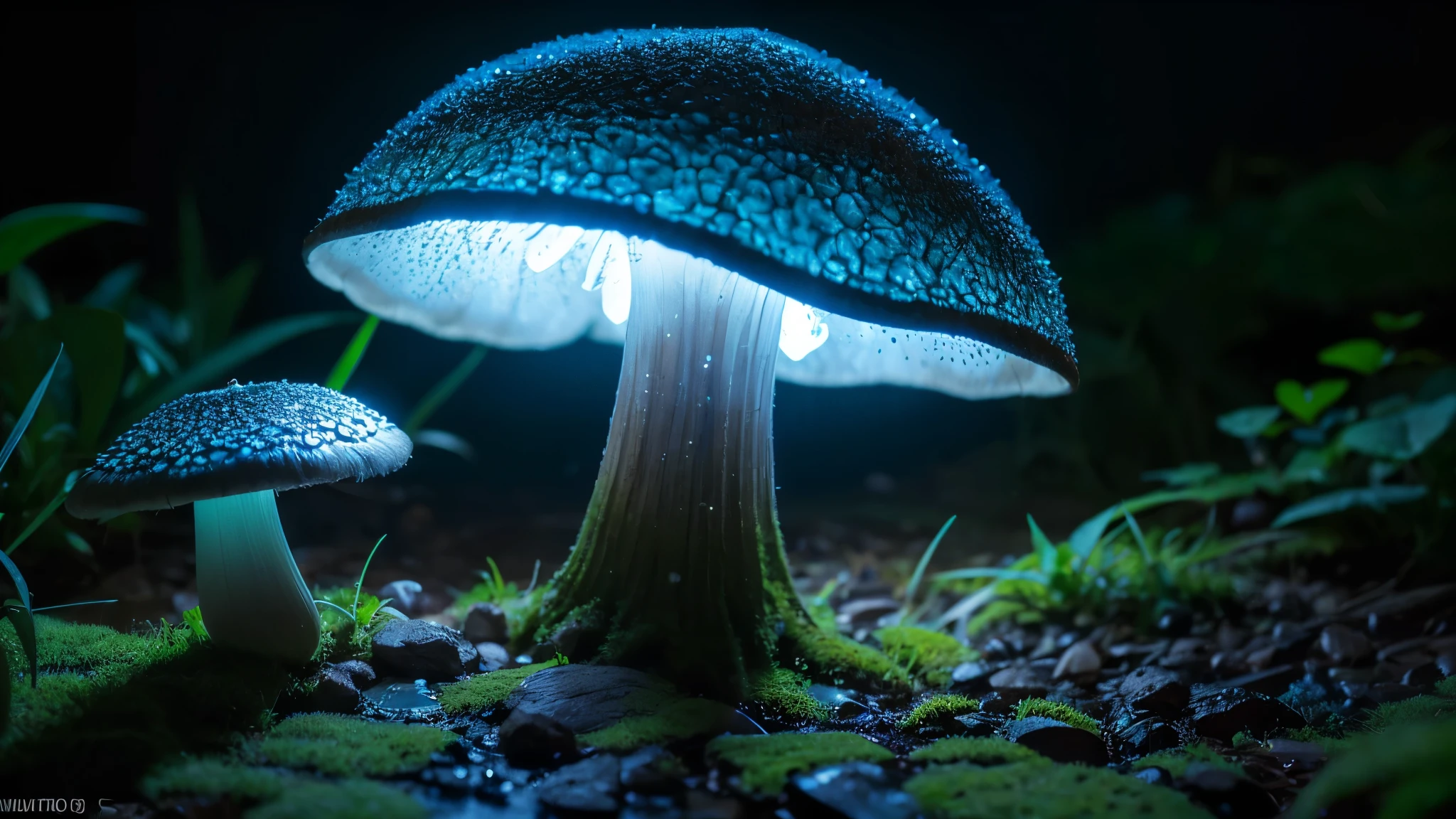 Bioluminescent Mushroom,High resolution, masterpiece, Highest quality, Intricate details, Very detailed, Clear focus,texture, Delicate eyes, Professional, 4K,Shallow and deep, Kodak Vision Color, Exactly, Very detailed, photograph_\(Extremist\), photographpractical, practical, Post-processing, Maximum details, Roughness, Real Life, Extremist practical, Photorealism, photographgraphy, 8K Ultra HD, photographgraphy