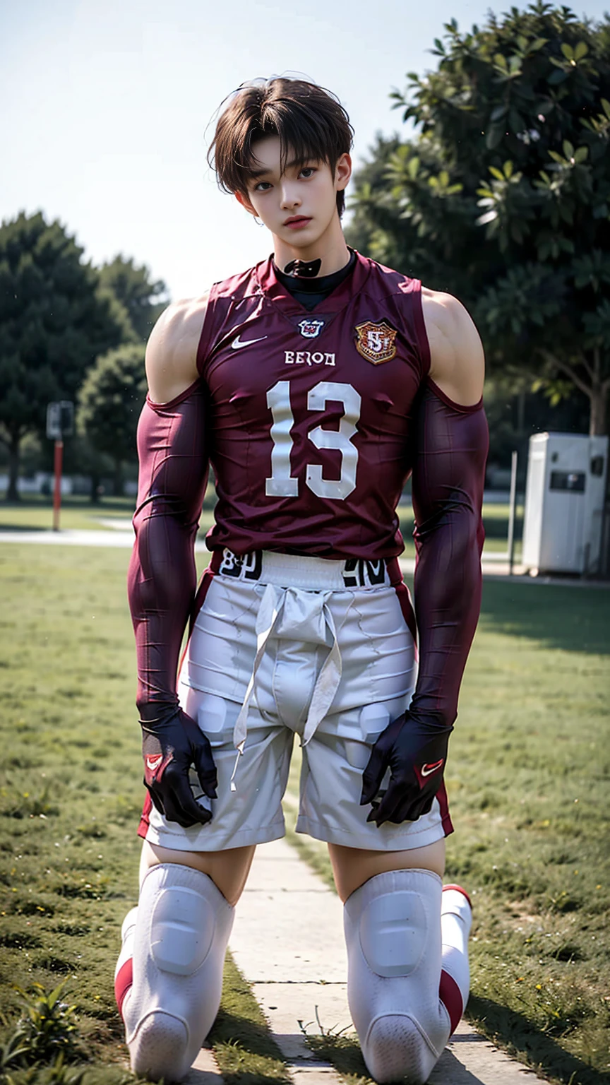 masterpiece,best quality,Look up at the characters,Stay away from the camera, (An 18-year-old boy with extraordinary development:1.2), (A tall and muscular giant body),Big muscles,(Super tall body:2),Extraordinary physical development,full body,(Kneeling upright on the campus lawn),Cool football uniform,Short shorts,(Broad and straight shoulders),Muscular shoulders,(Extremely strong body),Muscular body,Fitness,Perfect body proportions,Inverted triangle figure,Biceps,Highlight muscle texture, Muscular body,Slender and toned legs,Small head,small face,Handsome and cute face,Perfectly detailed facial features,Looking at the camera,A serious and angry expression,leaning back,head tilt, happy, very short hair, brown hair,(looking at viewer:1.2),Vision