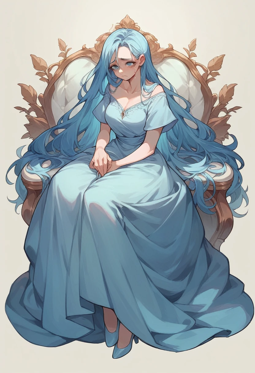 beautiful sad girl with blue long hair, blue eyes, light blue long dress, light blue heels, with a sad expression on her face and tears on her eyes