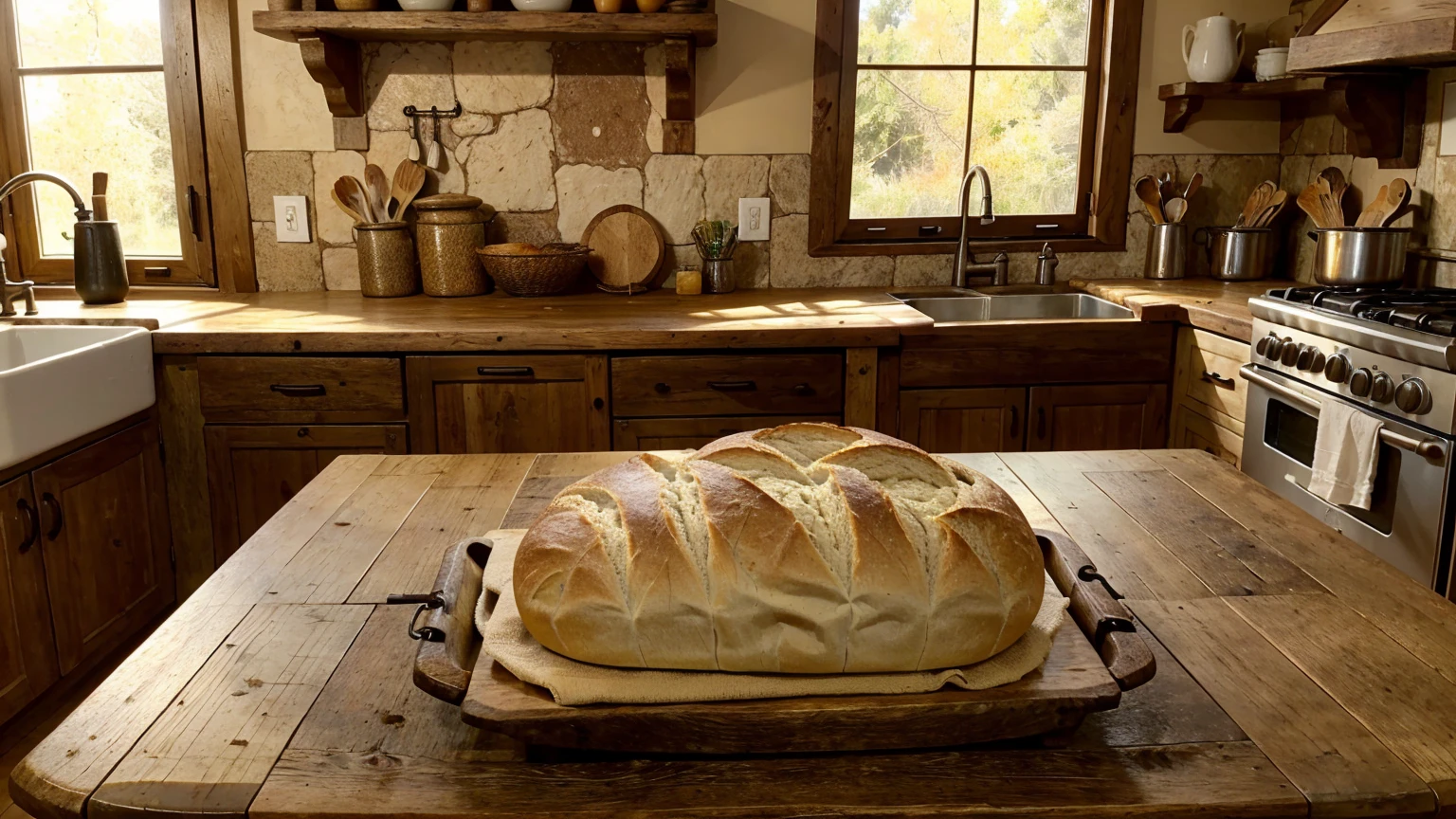 A rustic wooden table adorned with a fresh, crusty loaf of bread and a small dish of golden olive oil. The bread has a perfectly crisp crust and a soft interior. The background displays a cozy kitchen scene with warm, earthy tones, creating a homely and inviting atmosphere.