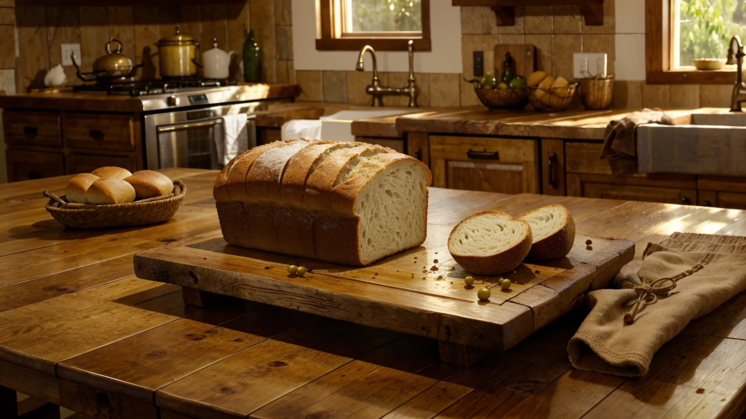 A rustic wooden table adorned with a fresh, crusty loaf of bread and a small dish of golden olive oil. The bread has a perfectly crisp crust and a soft interior. The background displays a cozy kitchen scene with warm, earthy tones, creating a homely and inviting atmosphere.