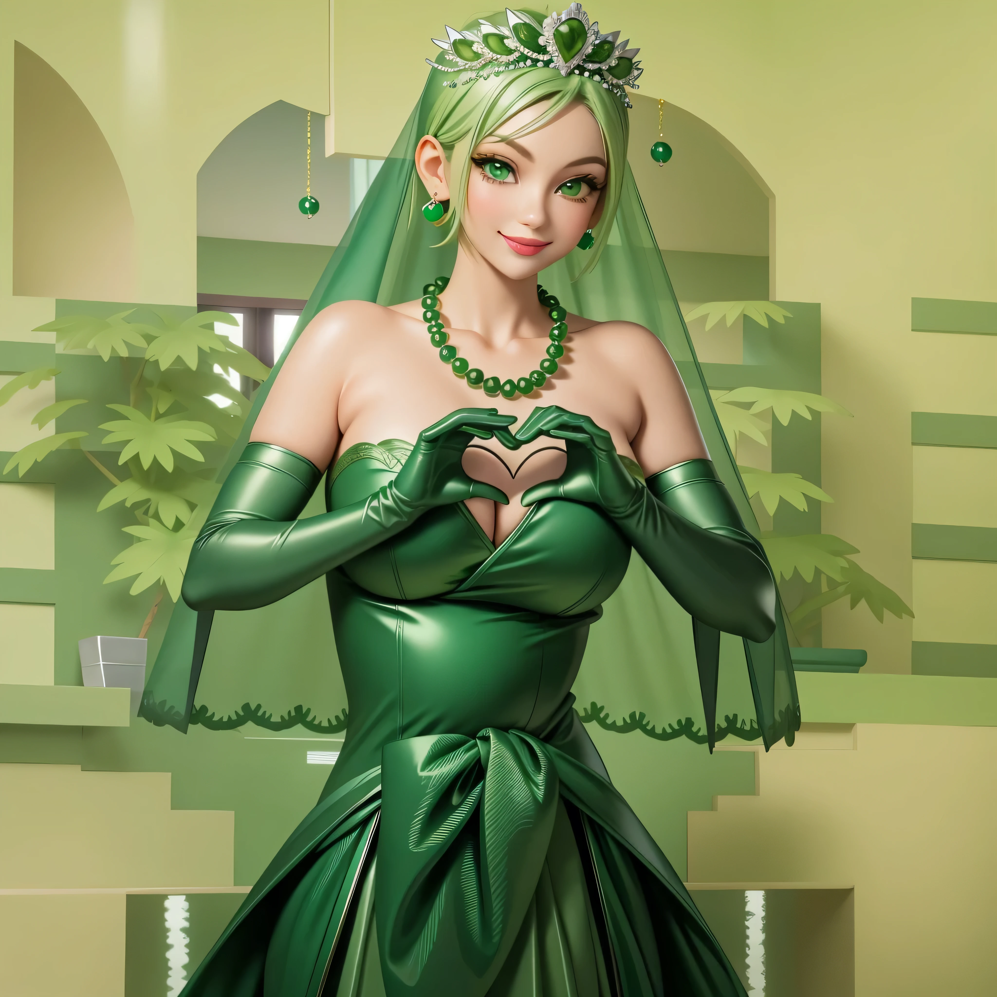 Emerald tiara, Green Pearl Necklace, Boyish very short green hair, Green Lips, Smiling Japanese woman, Very short hair, Busty beautiful lady, Green Eyes, Green satin long gloves, Green Eyes, Emerald Earrings, Green veil, Heart with both hands, Green Hair, Beautiful Japanese Women, Heart shaped hands:1.3, green lip gloss, pregnant