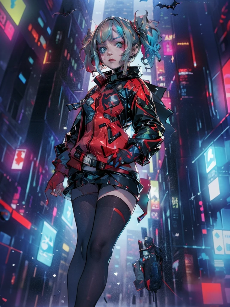 Full shot, Harley Quinn wearing the Batsuit in the heavy rain. on the streets of ghotam city in a neo city style. serious expression. walking. batman suit, batman cape flying through the air behind her. accessories related to batman and harley. overnight. detailed. detailed face. professional illustration. dark colors. Anime style. Anime.
