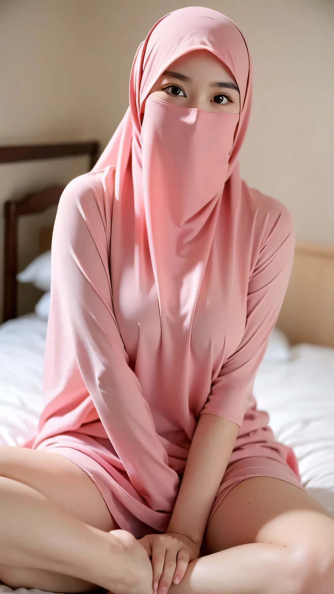  a beautiful young woman hijab, (((super big breast))), (very big breast uncovered) perfect face, (((very huge big breast,))), ((( NAKED ))) taut crimson pink, (((covering mouth, taut veil))), Slim Face、20 years old, stil young, Pretty Lady,  smile eyes, sitting on bed, exposed vaginal, (nude pose) , see full image