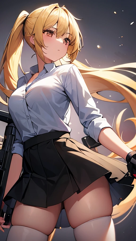 1girl, blonde two long ponytails, skirt, plasma gun