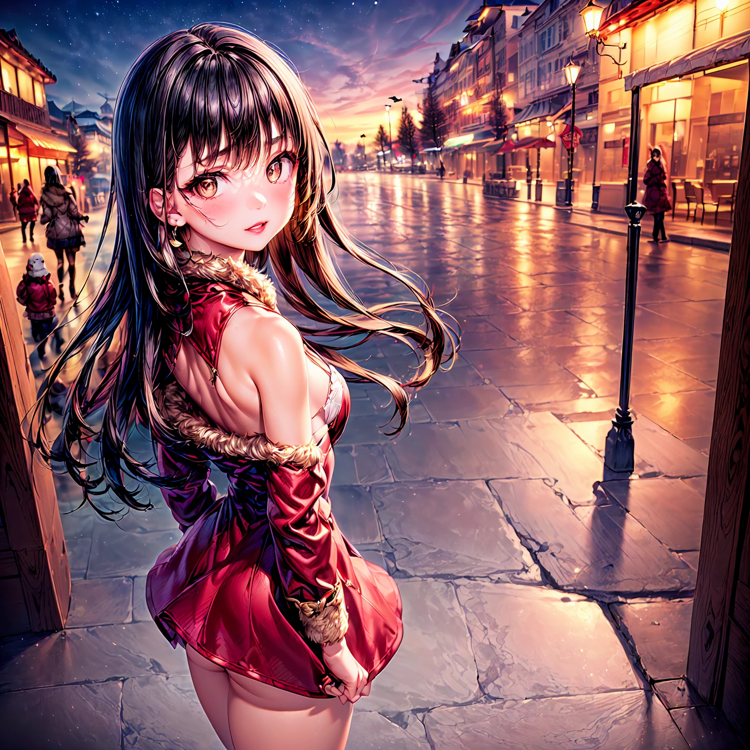 1girl, (Masterpiece, high quality, highly detailed), ((Pigeon breasts, A combination of East-West and conical, with breasts pointing slightly outward and appearing more triangular)), wearing ((Faux fur-trimmed parka dress)), (She has large, almond-shaped, dark brown eyes that draw you in with their depth and warmth. Her small and slightly upturned nose adds a touch of delicate charm to her face. Her full, deep red lips are striking and captivating. Long, straight black hair cascades down her back, complementing her warm medium skin tone with a golden undertone. Thick and arched eyebrows frame her expressive eyes, highlighting her high and defined cheekbones. Her rounded chin and small ears, which sit close to her head, complete her elegant look. Her vibrant and expressive expression reflects a lively and engaging personality.), ((winter theme, background: outside, street), (view of back, view form back, showing back, standing with back straight, facing away.))