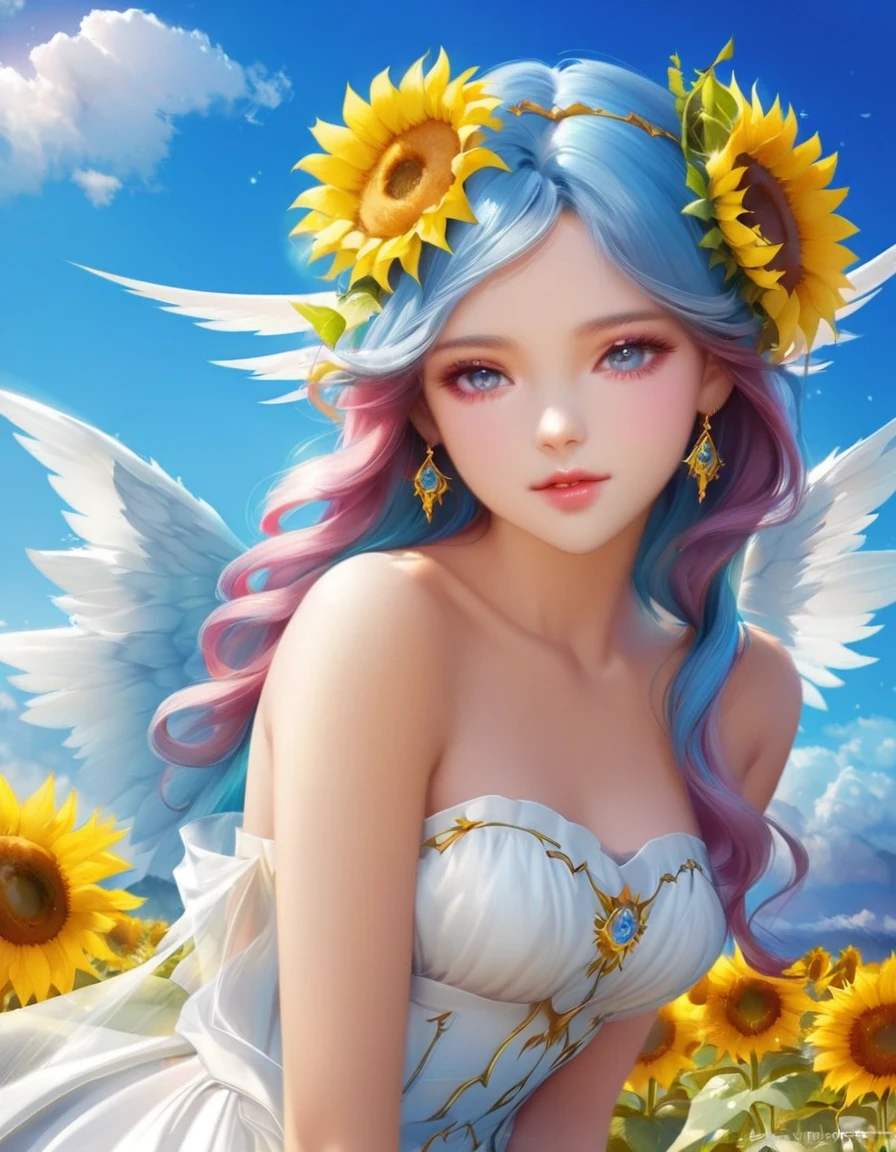 Close-up of a woman with blue hair and sunflowers, Beautiful angel, of an beautiful Angel Girl, Beautiful sunflower anime girl, Beautiful woman angel, of Beautiful angel, Beautiful fairy, beautiful Angel Girl portrait, portrait of a Beautiful angel, Angel Girl, Fantasy Beautiful, Beautiful fairyたち, Beautiful gorgeous digital art, Beautiful fantasy art portraits, Young One Angel, Beautiful digital art